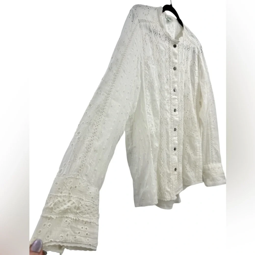 Sundance White Eyelet Lace XL Boho Victorian Cottagecore Cotton Button Front Top - Picture 4 of 14